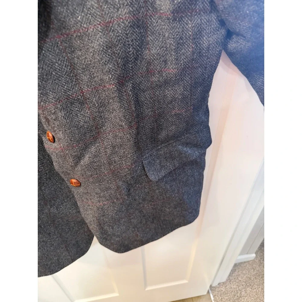 Christopher Brooks Mens 44L Grey Herringbone Wool Windowpane Sport Coat Blazer